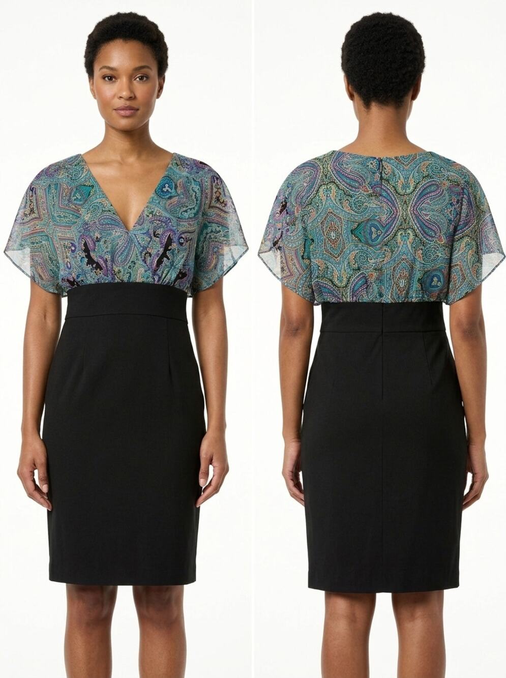 Nicole Miller Paisley Chiffon V-Neck Mixed Media Dress Women Size 6